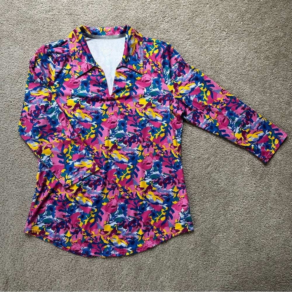JOFIT Women's Small Floral Multicolor Golf Polo Shirt Top Tropical 3/4 Sleeve
